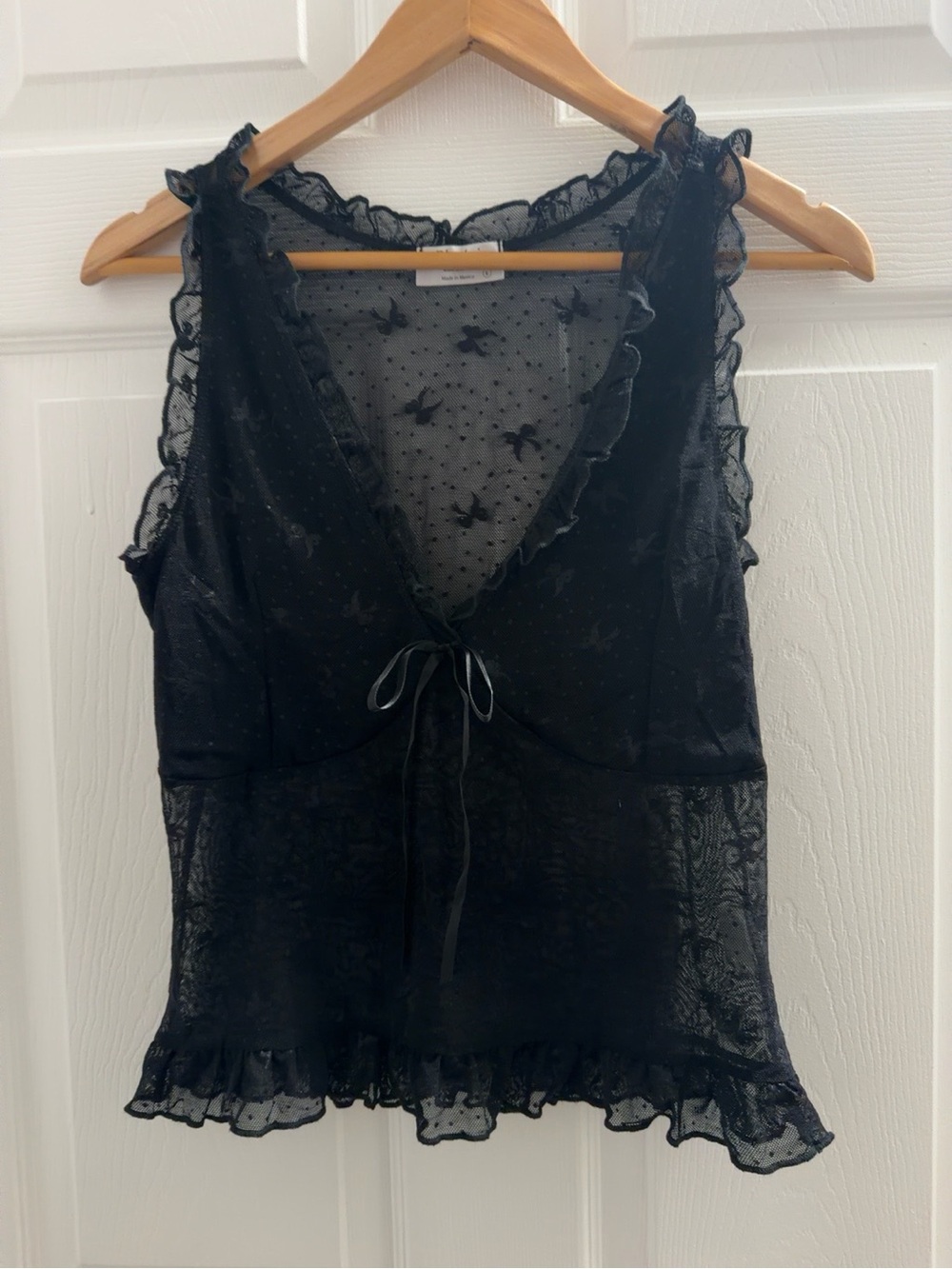 Sheer Ruffle Tie-Front Tank Top - Black